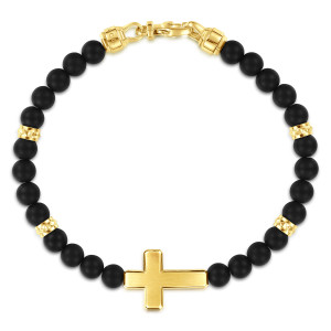 Gabriel & Co. TBM2254TIY4JJJ 14 karat yellow gold Bujukan men's beaded bracelet, front view of a sideways cross on matte black beads with studded spacers and a barrel capped clasp