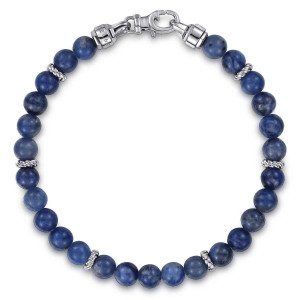 Gabriel & Co. TBM2255-7SVJSD sterling silver Bujukan men's beaded bracelet, top view of the blue bead loop with twisted spacers and cylindrical caps at the clasp
