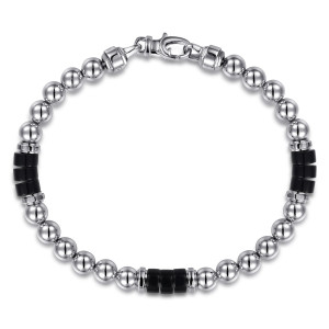 Gabriel & Co. TBM2259SVJOX sterling silver Bujukan men's beaded bracelet, top view of a full loop of polished round beads with black disc clusters and a lobster clasp
