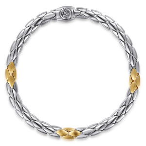 Gabriel & Co. TBM2264MZJJJ sterling silver and 14 karat yellow gold Facets men's chain bracelet, top view of the full loop with brushed warm clusters and a round emblem on the closure