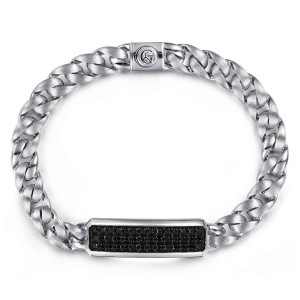 Gabriel & Co. TBM2265-7SVJBS sterling silver Contemporary men's id bracelet, top view of satin curb links with polished edges, a stone bar and an engraved barrel piece