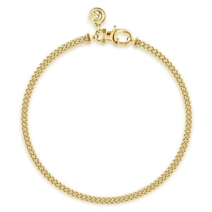 Gabriel & Co. TBM2268-7Y4JJJ 14 karat yellow gold Contemporary men's chain bracelet, top view of the full curb chain loop with faceted end caps, lobster clasp and round tag