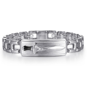 Gabriel & Co. TBM2276E8SVJJJ sterling silver Forged in Love men's bracelet, front view of a dagger on a brushed plate framed by flat satin links