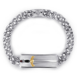 Gabriel & Co. TBM2281E8MZJGN sterling silver and 14 karat yellow gold Forged in Love men's chain bracelet, front view of a plate with a raised dagger between satin curb links