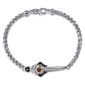 Gabriel & Co. TBM2282E8MZJMC sterling silver and 14 karat yellow gold Forged in Love men's bracelet, top view of the full bracelet with box chain, barrel end caps and a lobster clasp