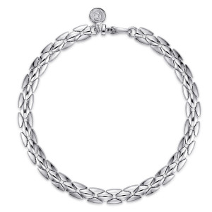 Gabriel & Co. TBM2292SVJJJ sterling silver Contemporary men's chain bracelet, top view of a chevron link bracelet with a round marked tag beside its hinged clasp