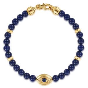 Gabriel & Co. TBM2293Y4JMC 14 karat yellow gold Bujukan men's beaded bracelet, top view of the full strand with the eye at the bottom and a lobster clasp above