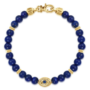 Gabriel & Co. TBM2302-75Y4JMC 14 karat yellow gold Bujukan men's beaded bracelet, top view of deep blue beads around a central eye motif with six-sided spacers and a clasp