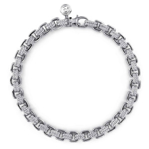 Gabriel & Co. TBM4207-7SVJJJ sterling silver Hampton men's chain bracelet, front view of the full chain bracelet with its clasp and a small round tag