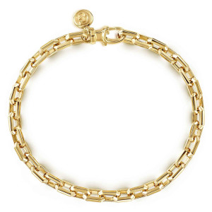 Gabriel & Co. TBM4516-7Y4JJJ 14 karat yellow gold Facets men's chain bracelet, top view of the round bracelet showing the clasp and the small tag at the join