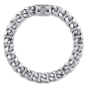 Gabriel & Co. TBM4518-7SVJJJ sterling silver Contemporary men's chain bracelet, top view of the closed circle with a cylindrical clasp housing and a round maker's mark disc