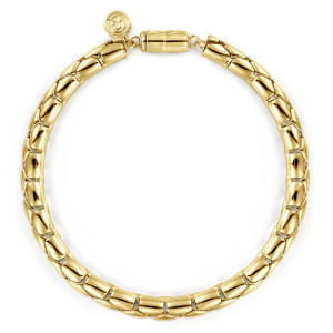 Gabriel & Co. TBM4522Y4JJJ 14 karat yellow gold Facets men's chain bracelet, top view of a full loop of domed links with a capsule shaped barrel and a round tag