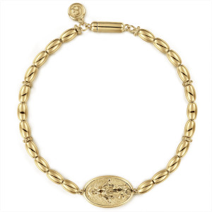 Gabriel & Co. TBM4525Y4JJJ 14 karat yellow gold Bujukan men's beaded bracelet, front view of elongated oval beads, a central figure medallion and a cylinder closure