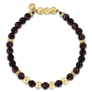 Gabriel & Co. TBM4531Y4JTE 14 karat yellow gold Bujukan men's beaded bracelet, front view of the strand with a cluster of hammered beads at the closure and a round tag