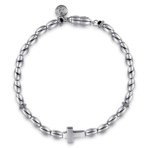 Gabriel & Co. TBM4540-75SVJJJ sterling silver Contemporary men's cross bracelet, front view of the beaded strand with the cross at the base and a barrel closure above