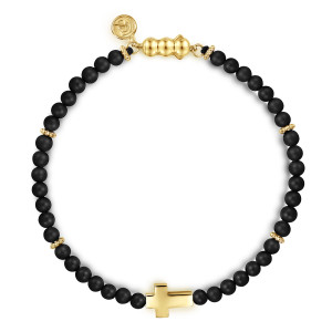 Gabriel & Co. TBM4541Y4JOM 14 karat yellow gold Bujukan men's cross bracelet, front view of the bead circle with ribbed spacers, the closure and a small round tag