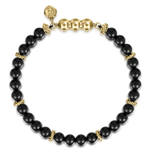 Gabriel & Co. TBM4742-75Y4JOX 14 karat yellow gold Bujukan men's beaded bracelet, top view of the full strand with its three domed clasp and small round tag