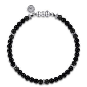 Gabriel & Co. TBM4746-75SVJOX sterling silver Bujukan men's beaded bracelet, top view of the beaded loop with a three-lobed fastener and a small round tag at the top