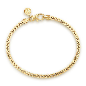 Gabriel & Co. TBM4807-75Y4JJJ 14 karat yellow gold Contemporary men's chain bracelet, top view of the round chain lying flat with the clasp and round disc at the upper left