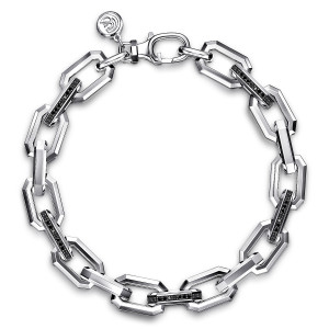 Gabriel & Co. TBM4808-75SVJBS sterling silver Facets men's bracelet, top view of the full chain loop showing black stone lined links, lobster clasp and round tag