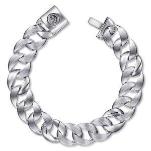 Gabriel & Co. TBM4810-7SVJJJ sterling silver Contemporary men's chain bracelet, front view of the full curb link bracelet with a round emblem on the end plate