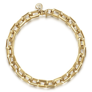 Gabriel & Co. TBM4811-85Y4JJJ 14 karat yellow gold Facets men's chain bracelet, top view of the chain bracelet lying in a loop with a round tag beside the closure