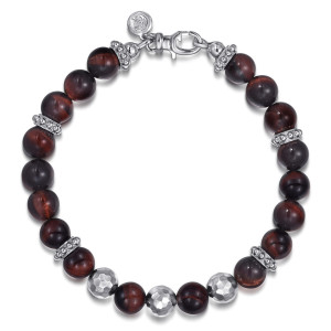 Gabriel & Co. TBM4812SVJTE sterling silver Bujukan men's bead bracelet, front view of red brown beads, dotted spacers, hammered faceted metal beads and a lobster clasp