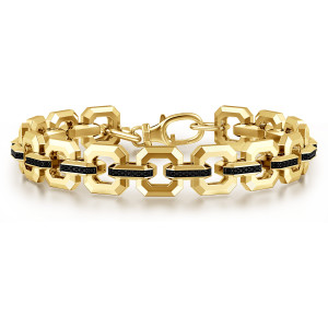 Gabriel & Co. TBM4825-75Y4JBS 14 karat yellow gold Facets men's tennis bracelet, front view of the beveled octagon links with a bar of black stones between each pair