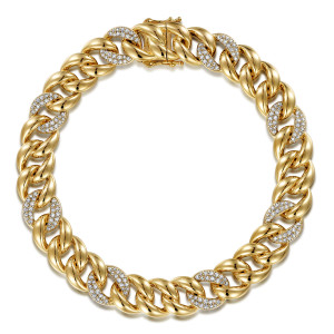 Gabriel & Co. TBM4835-8Y45JJ 14 karat yellow gold Contemporary men's cuban bracelet, top view of the full ring of links with stone covered pairs and a box clasp