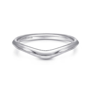 Gabriel & Co. WB10131W4JJJ 14 karat white gold Contemporary wedding band, front view of the plain band dipping into a shallow V with a milgrain edge on each side