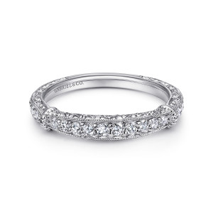 Gabriel & Co. WB10238W44JJ 14 karat white gold Victorian wedding band, front view of a raised panel of round diamonds with milgrain borders and rounded knobs at each end