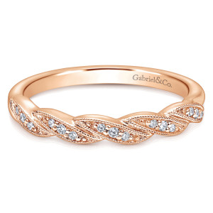 Gabriel & Co. WB10434K44JJ 14 karat rose gold Contemporary wedding band, front view of overlapping leaf shaped segments rising and dipping across the top