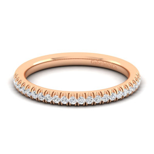 Gabriel & Co. WB10439K44JJ 14 karat rose gold Contemporary wedding band, front view of a narrow hoop with round stones set between fine vertical teeth