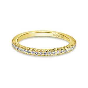Gabriel & Co. WB10439Y44JJ 14 karat yellow gold Contemporary wedding band, front view of a straight hoop with small round diamonds along the top and a maker's mark inside