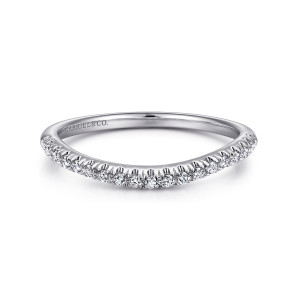 Gabriel & Co. WB10461W44JJ 14 karat white gold Contemporary wedding band, front view of a smooth shallow arc lined with tiny round diamonds