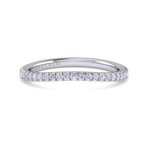 Gabriel & Co. WB10523R4VW44JJ 14 karat white gold Contemporary wedding band, front view of a gentle curve lined with tiny round diamonds and a maker's mark inside