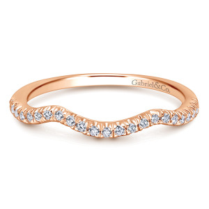 Gabriel & Co. WB10753K44JJ 14 karat rose gold Contemporary wedding band, front view of the band dipping in the middle with stones following the wave