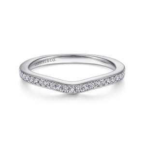 Gabriel & Co. WB11321R4W44JJ 14 karat white gold Contemporary wedding band, front view of a shallow dip in the top edge with round stones set flush along it