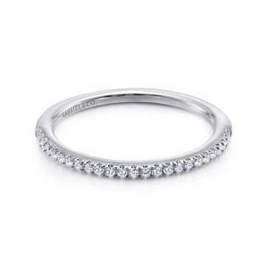 Gabriel & Co. WB11362R4W44JJ 14 karat white gold Contemporary wedding band, top view of very small round stones with fine prongs along the front of a smooth hoop