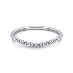 Gabriel & Co. WB11373R4W44JJ 14 karat white gold Contemporary wedding band, front view of a barely curved top edge lined with very small round diamonds