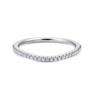 Gabriel & Co. WB11374R4W44JJ 14 karat white gold Contemporary wedding band, front view of a gently waved hoop with a line of very small round diamonds