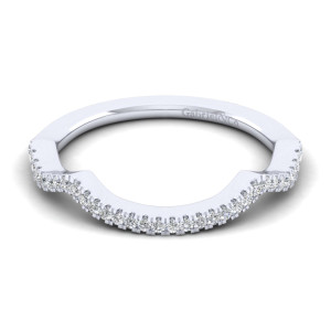 Gabriel & Co. WB11623W44JJ 14 karat white gold Contemporary wedding band, top view of a scooped stone edge between two angled shoulders with a maker's mark inside