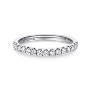 Gabriel & Co. WB11638R8W44JJ 14 karat white gold Contemporary wedding band, front view of tiny round diamonds in open scoops along the top of a hoop