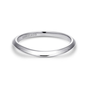 Gabriel & Co. WB11692R3W4JJJ 14 karat white gold Contemporary wedding band, front view of a plain polished band with a softly ridged outer face