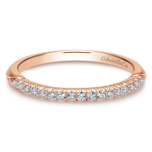 Gabriel & Co. WB11713R3K44JJ 14 karat rose gold Contemporary wedding band, front view of a row of small round diamonds with claws between them and a maker's mark inside