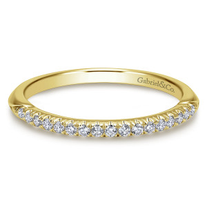Gabriel & Co. WB11713R3Y44JJ 14 karat yellow gold Contemporary wedding band, top view of tiny round diamonds between fine pointed prongs with a maker's mark inside