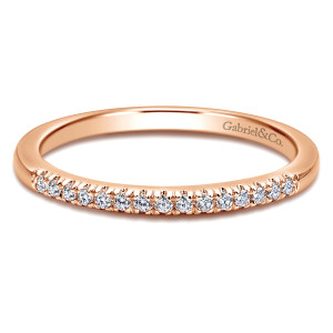 Gabriel & Co. WB11719R4K44JJ 14 karat rose gold Contemporary wedding band, front view of a straight hoop with a short row of small round stones and tiny prongs