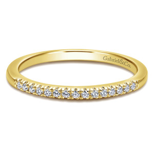 Gabriel & Co. WB11719R4Y44JJ 14 karat yellow gold Contemporary wedding band, front view of a straight hoop with a fine row of tiny round diamonds and pointed prongs