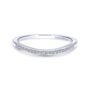Gabriel & Co. WB11721E4W44JJ 14 karat white gold Victorian wedding band, front view of a shallow curved band with a row of small round diamonds between beaded edges