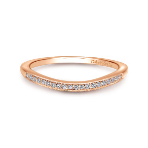 Gabriel & Co. WB11721P4K44JJ 14 karat rose gold Victorian wedding band, front view of a gently arched band with fine beaded edging along both sides of the stone row